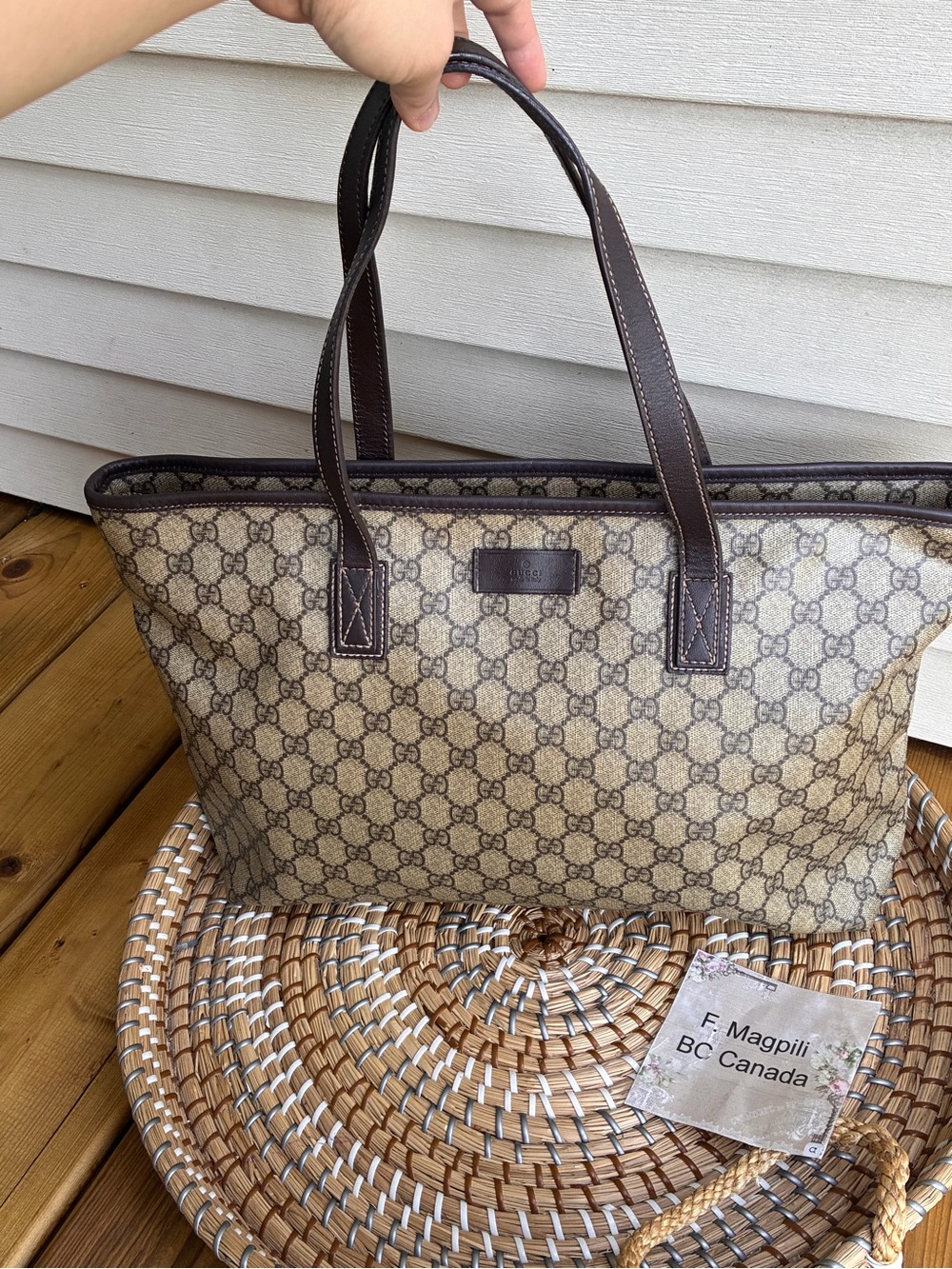 Gucci Brown GG Monogram Canvas Tote with Dark Brown Trim